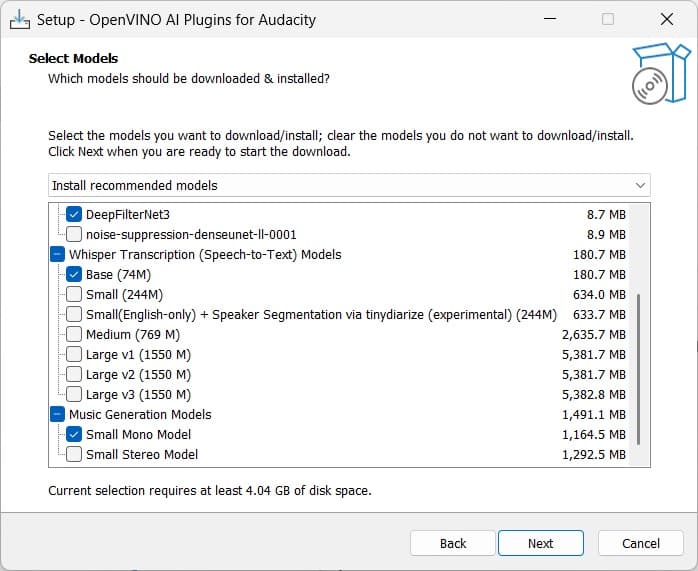 The Setup - OpenVINO AI Plugins for Audacity installer on Select Models, with DeepFilterNet3, Whisper Base and Small Mono Model ticked
