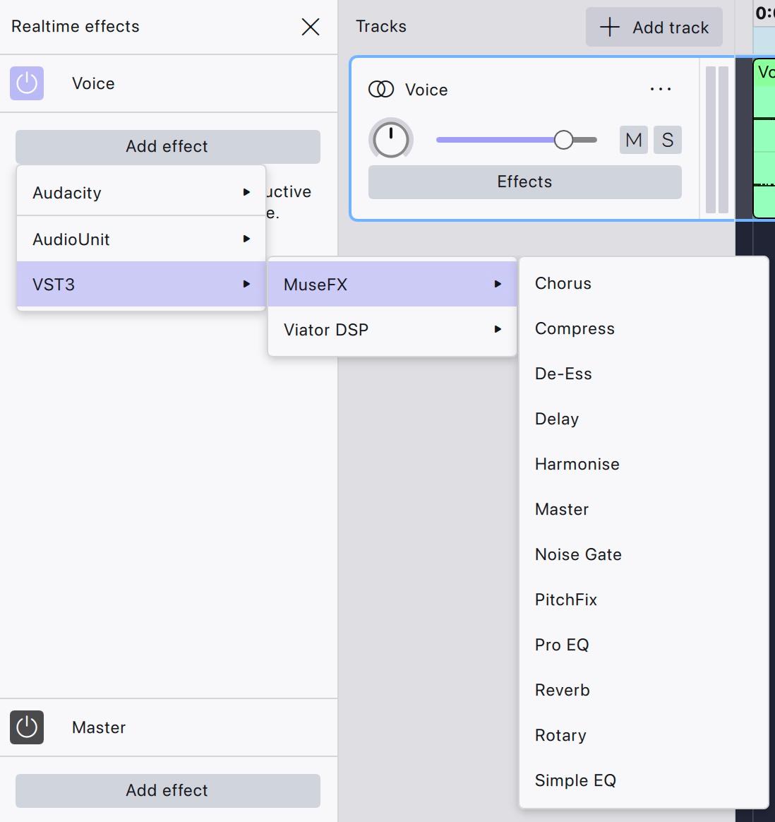 Audacity 4 realtime effects panel with the Add effect list open, showing the VST3, AudioUnit and Audacity groups and plugin makers
