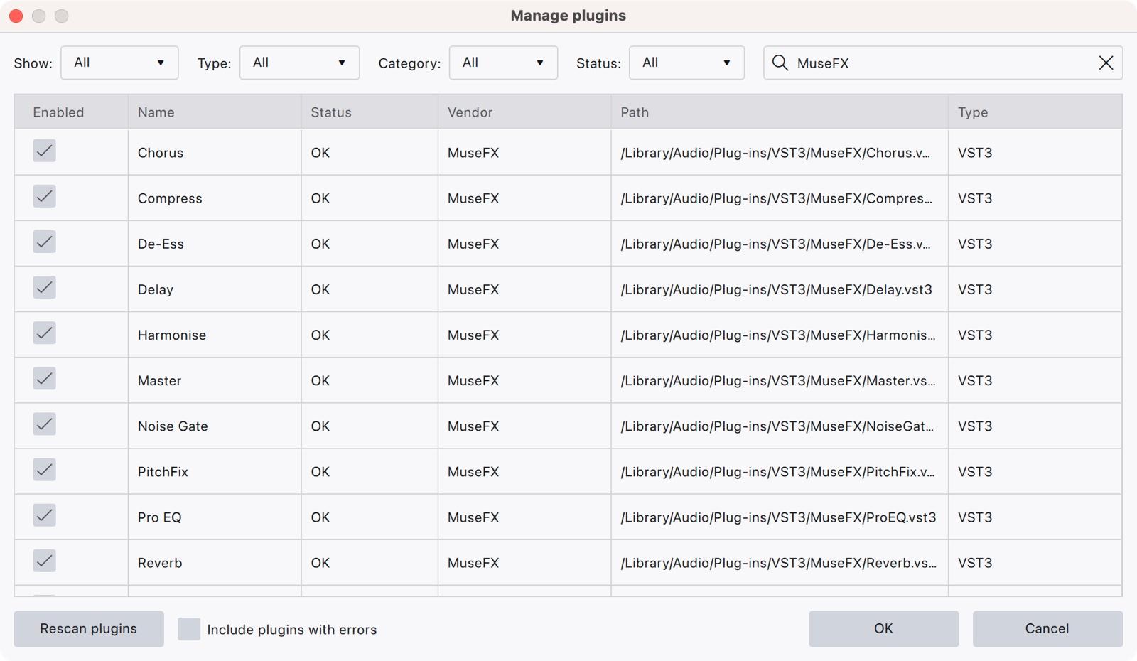 Audacity 4 Manage plugins dialog listing MuseFX plugins as enabled