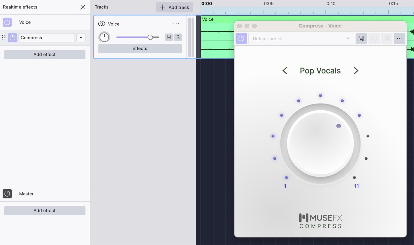 MuseFX Compress in the realtime effects stack of a voice track in Audacity 4, with the plugin’s controls open beside the panel