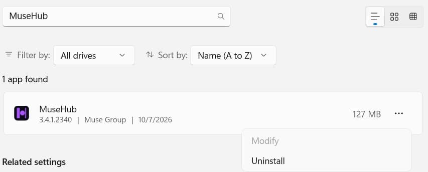 The MuseHub row, publisher Muse Group, in Windows 11 Installed apps after a search for MuseHub, its three-dot menu open on Modify and Uninstall