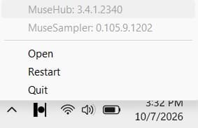 The MuseHub tray menu in Windows 11, listing MuseHub 3.4.1.2340 and MuseSampler 0.105.9.1202, then Open, Restart and Quit