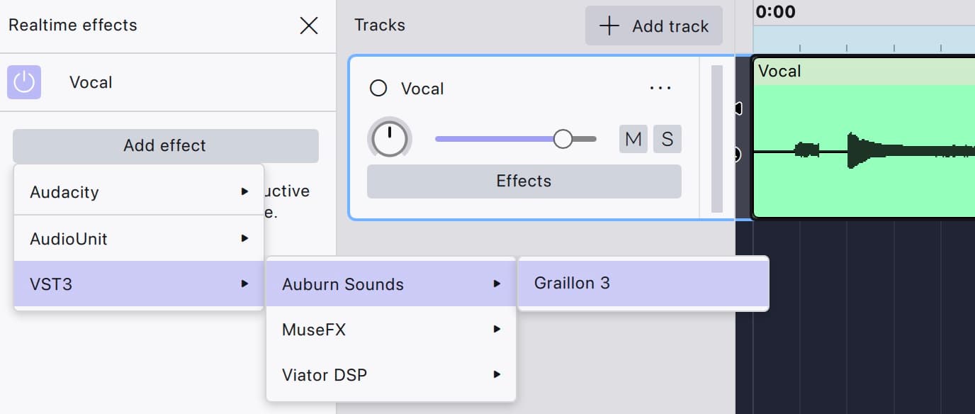 Audacity 4 Realtime effects panel for a Vocal track, Add effect list open at VST3 ▸ Auburn Sounds ▸ Graillon 3, next to MuseFX and Viator DSP