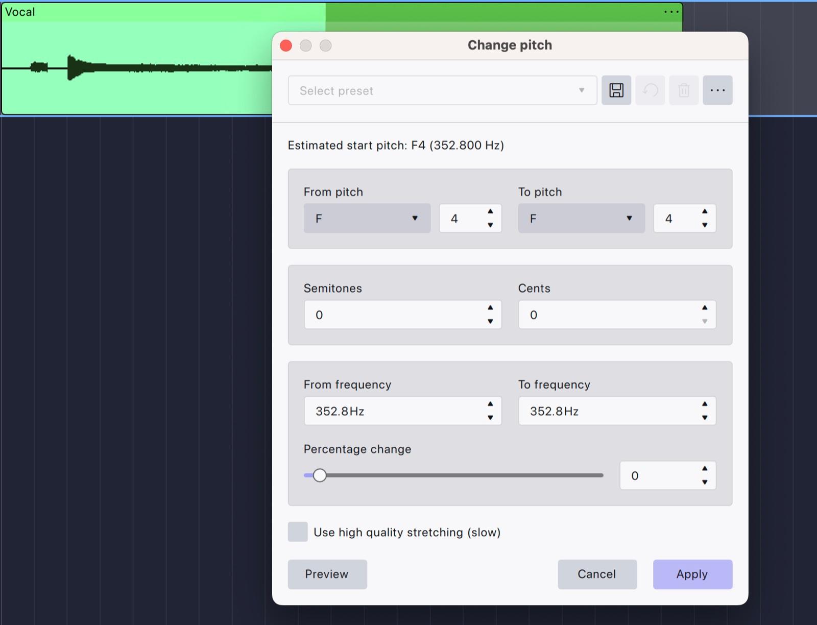 Audacity 4 Change pitch dialog over a Vocal clip: Estimated start pitch F4 (352.800 Hz), From/To pitch, Semitones, Cents, frequency, Percentage change