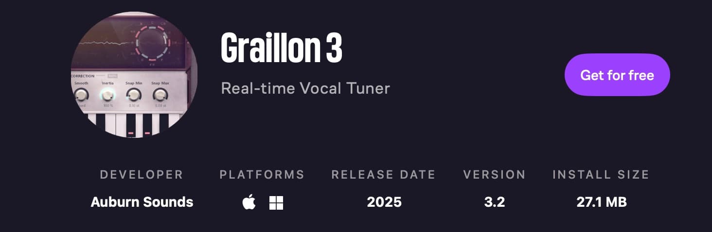The Graillon 3 page in the MuseHub app: Real-time Vocal Tuner, a Get for free button, and Auburn Sounds, version 3.2 and 27.1 MB in the info row