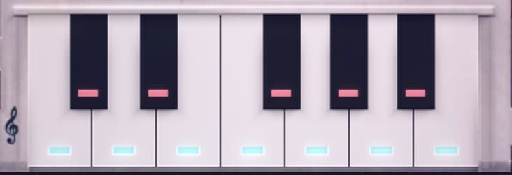 The Graillon 3 keyboard set for A minor or C major: seven white keys on (cyan markers), five black keys switched off (red markers)