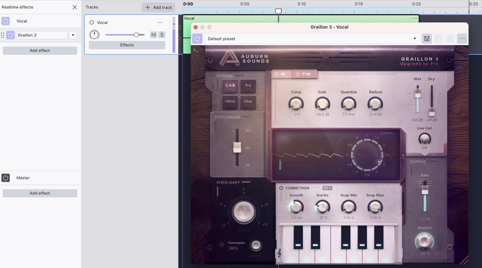 Graillon 3 in the Vocal track’s Realtime effects stack in Audacity 4, with the Graillon 3 - Vocal window open on its Correction knobs and keyboard