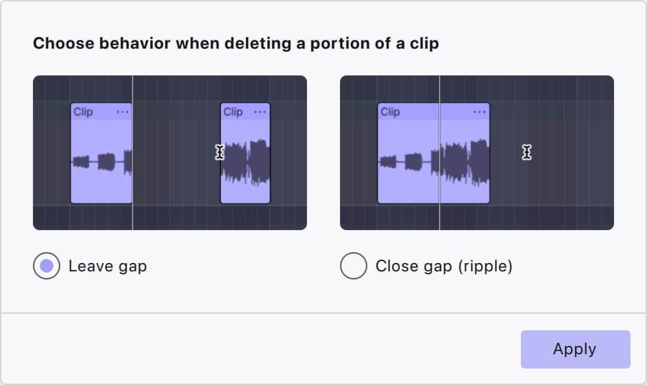 The Audacity 4 dialog Choose behavior when deleting a portion of a clip, with Leave gap selected, Close gap (ripple) beside it and an Apply button