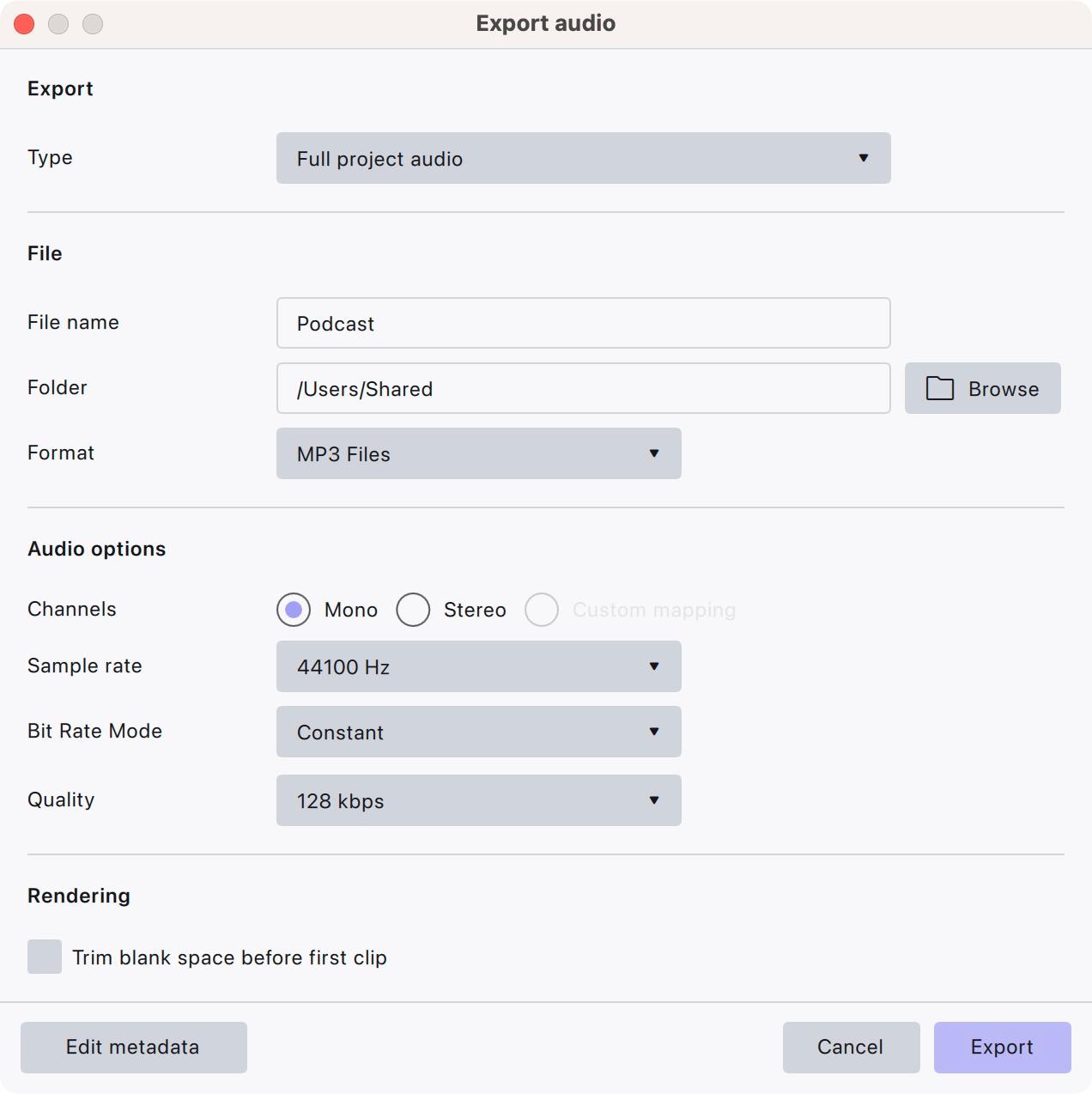 The Audacity 4 Export audio dialog set to Full project audio, MP3 Files, Mono, Bit Rate Mode Constant and Quality 128 kbps