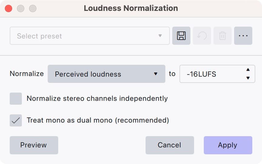 The Audacity 4 Loudness Normalization dialog set to Perceived loudness at −16 LUFS, with Treat mono as dual mono (recommended) ticked