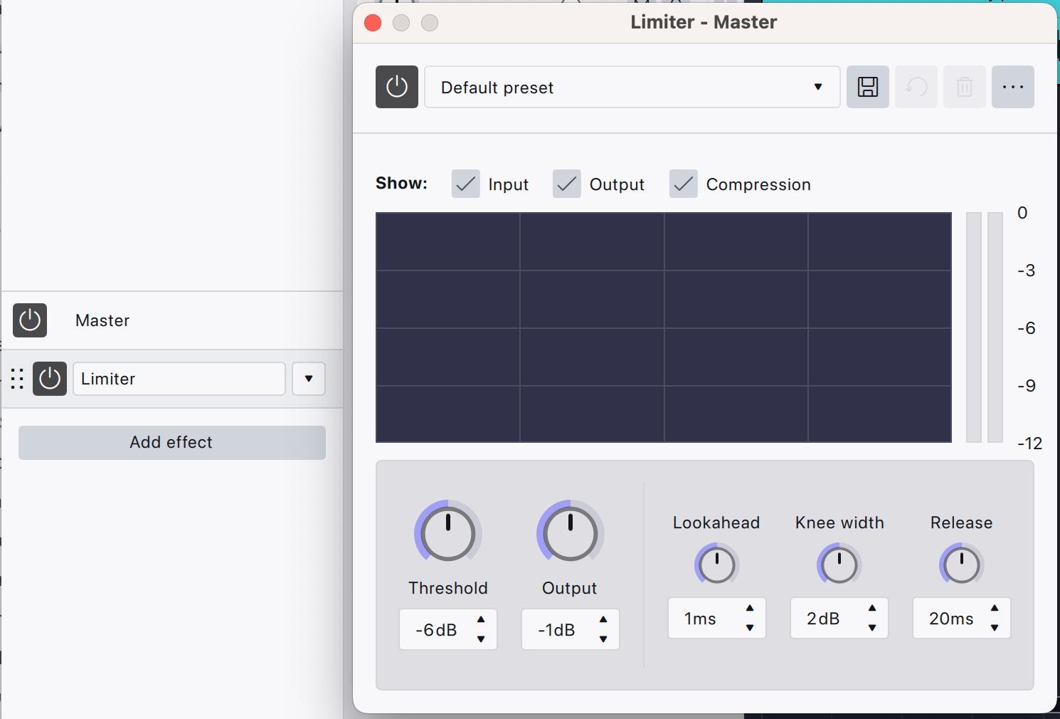 The Audacity 4 effects panel with Limiter under Master, beside the Limiter - Master window on Default preset: Threshold −6 dB, Output −1 dB