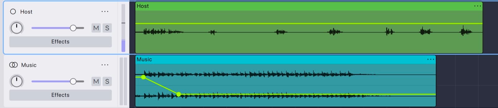 An Audacity 4 Music track under the Host track, the volume line on its clip dropping between two points where the voice begins