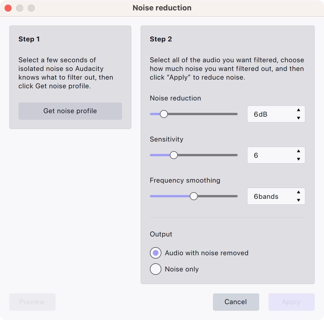 The Audacity 4 Noise reduction dialog with Get noise profile, and Noise reduction, Sensitivity and Frequency smoothing at 6 dB, 6 and 6 bands