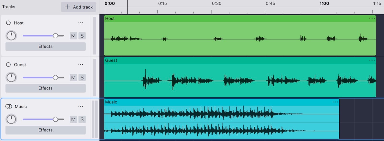 An Audacity 4 project with two mono voice tracks, Host and Guest, and a stereo Music track, each holding one named clip