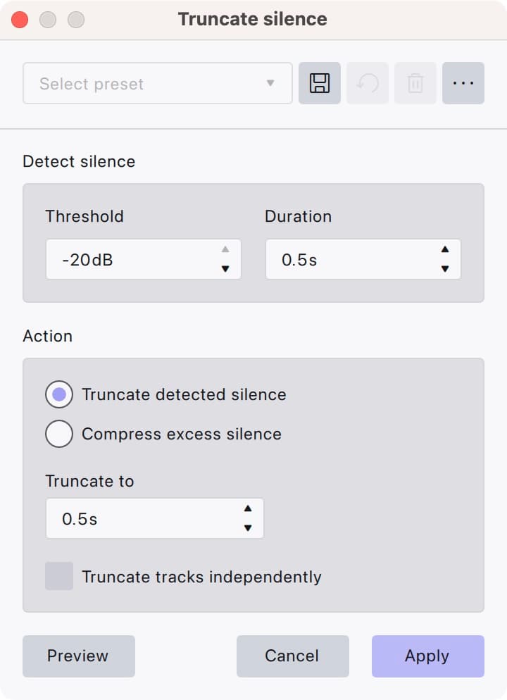 The Audacity 4 Truncate silence dialog with Threshold −20 dB, Duration 0.5 s, Truncate to 0.5 s and Truncate tracks independently unticked