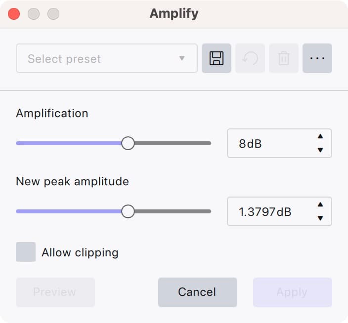 The Audacity 4 Amplify dialog with Amplification at 8 dB, New peak amplitude at 1.38 dB, Allow clipping unchecked and the Apply and Preview buttons greyed out