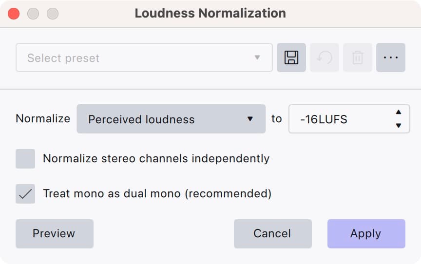 The Audacity 4 Loudness Normalization dialog set to Perceived loudness at −16 LUFS, with Treat mono as dual mono (recommended) checked