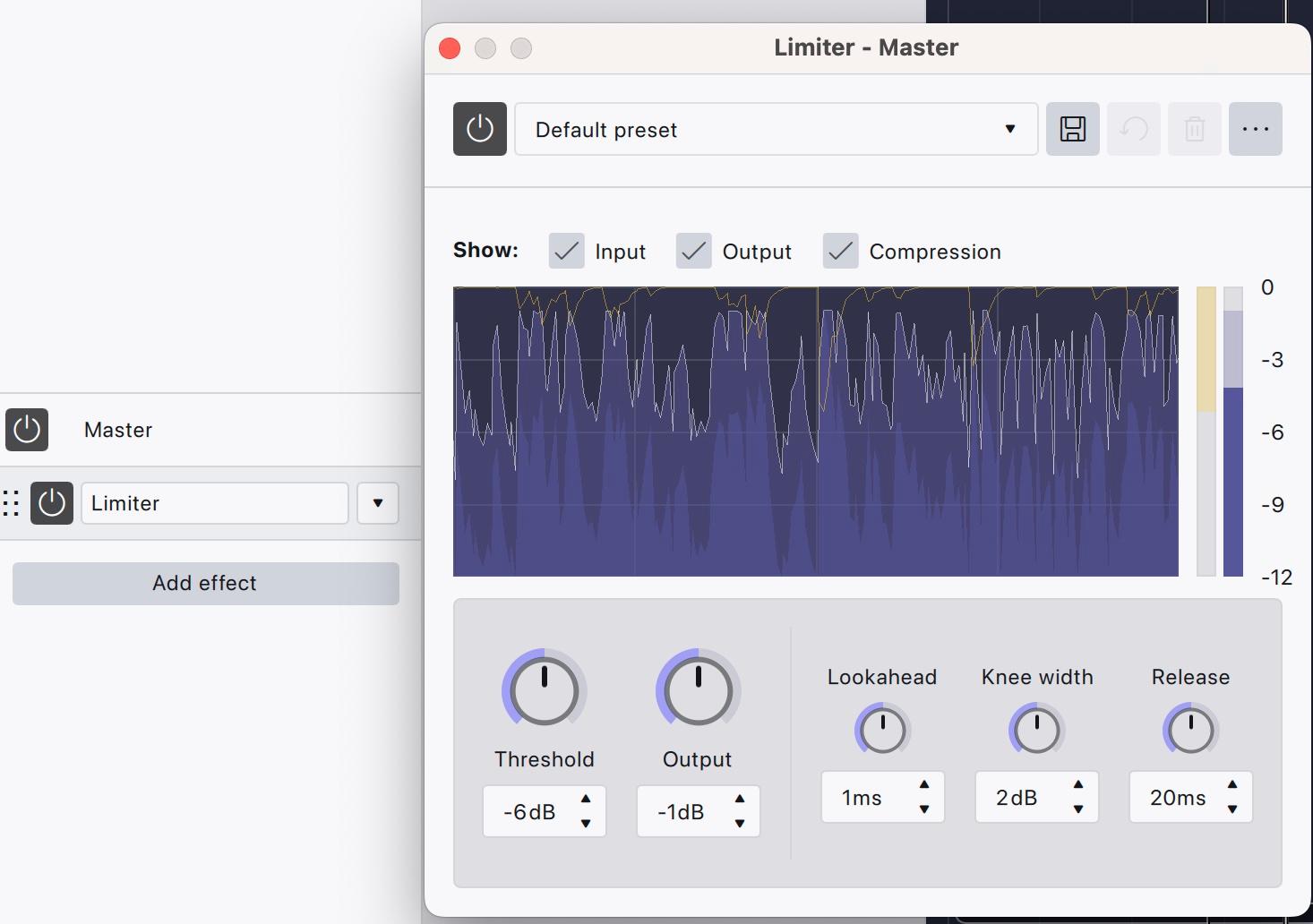 The Audacity 4 Limiter in the Master section of the realtime effects panel on a song, with Output at −1 dB and its reduction meter active