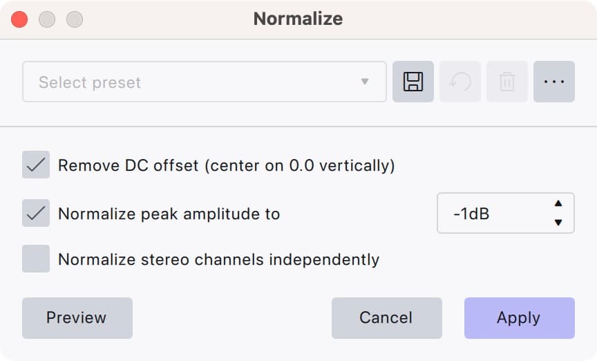 The Audacity 4 Normalize dialog with Remove DC offset checked, Normalize peak amplitude to set to −1 dB and Normalize stereo channels independently unchecked