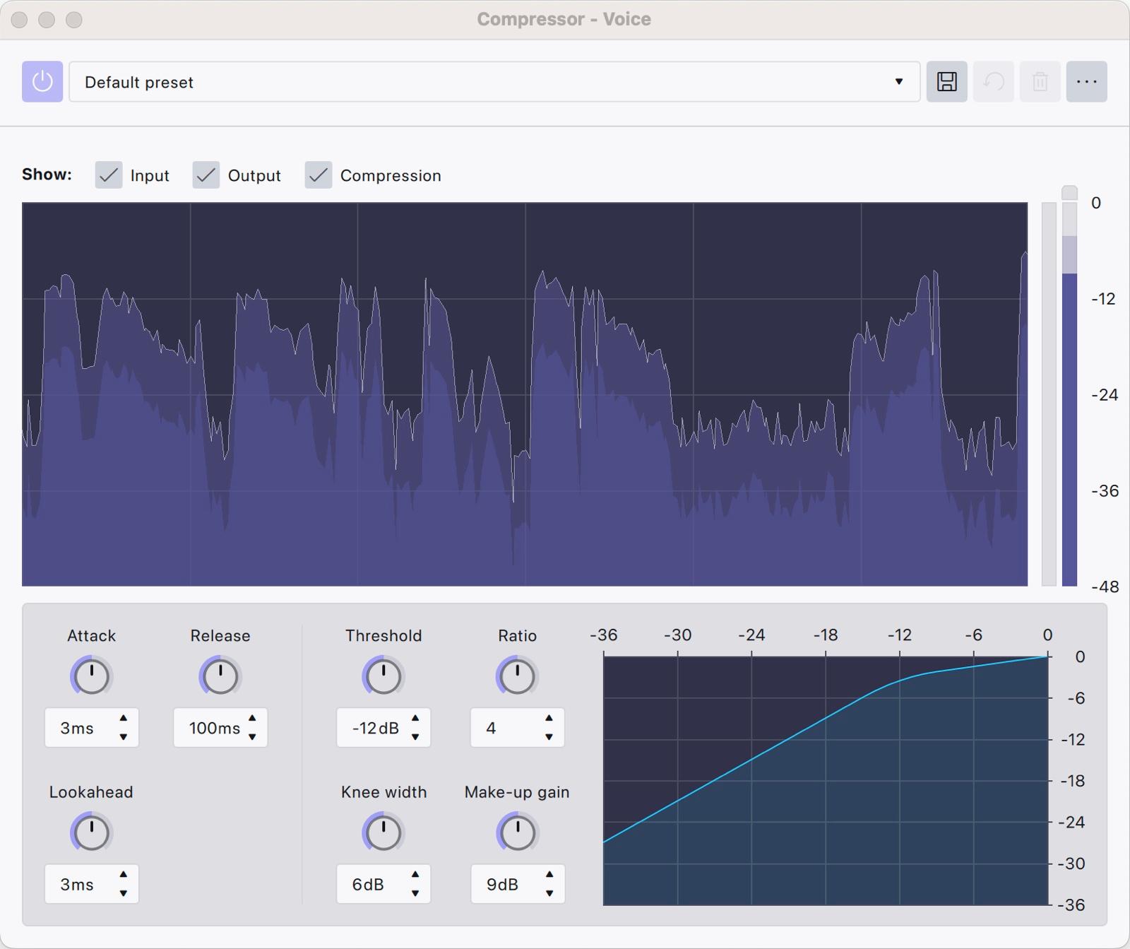 The Audacity 4 realtime Compressor on a voice track during playback, with the Default preset dropdown, the Input, Output and Compression graph, the controls at their defaults and the compression curve