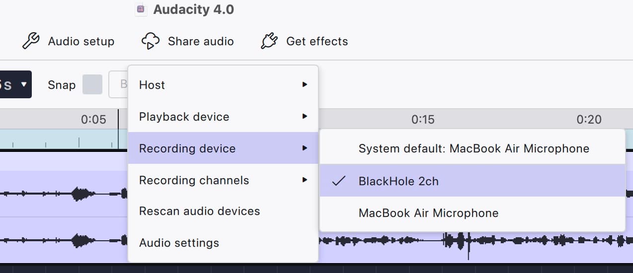 Audacity 4 on macOS: Audio setup ▸ Recording device open, BlackHole 2ch ticked between System default: MacBook Air Microphone and MacBook Air Microphone