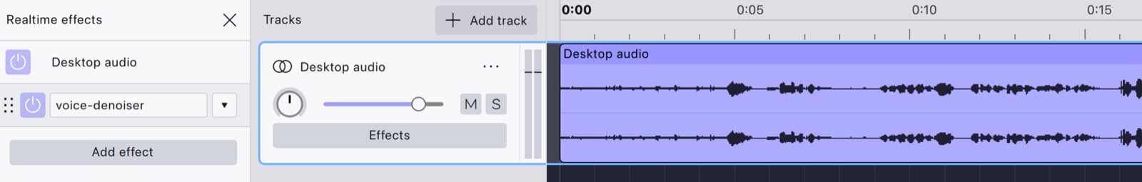 Audacity 4 Realtime effects panel for a stereo Desktop audio track, with Viator Voice Denoiser in the stack under the name voice-denoiser