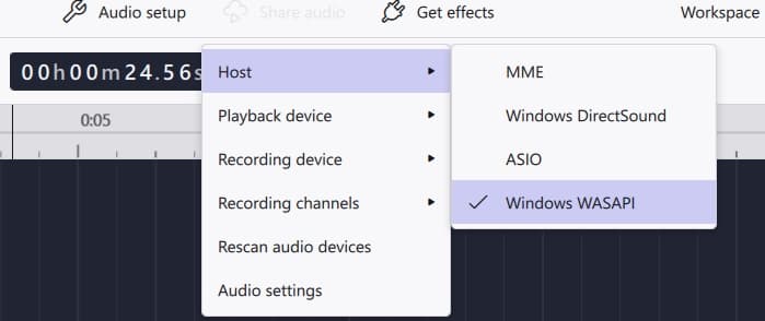 The Audio setup menu in Audacity 4 on Windows 11, Host submenu open: MME, Windows DirectSound, ASIO and Windows WASAPI, with Windows WASAPI ticked