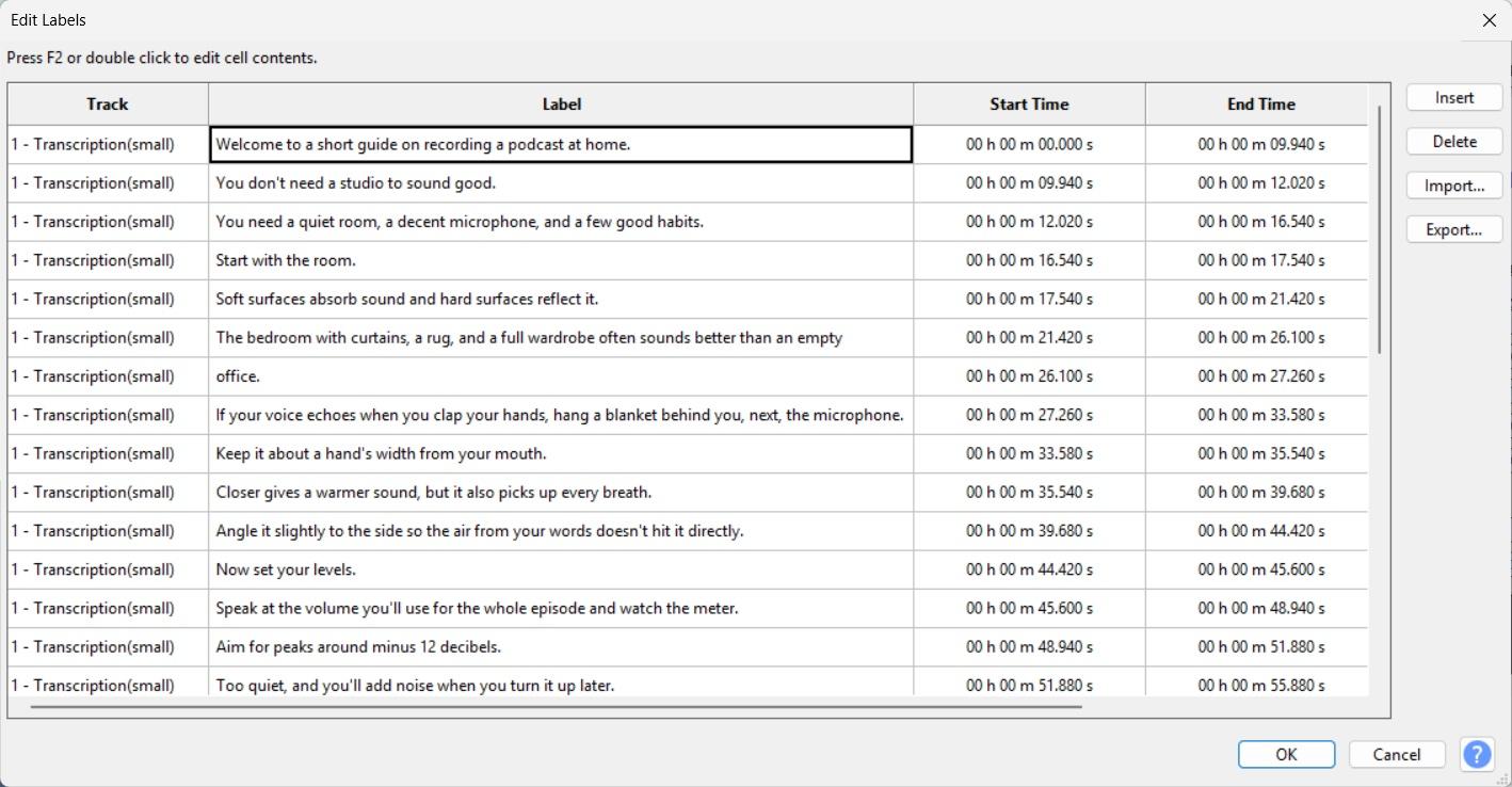 The Edit Labels dialog in Audacity 3.7.9 with Track, Label, Start Time and End Time columns, one transcript segment per row