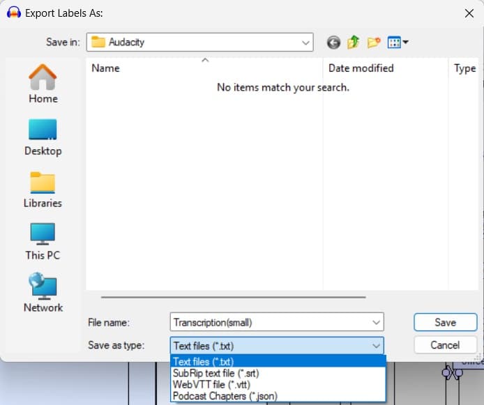 The Export Labels As dialog in Audacity 3.7.9 with Save as type open: Text files, SubRip text file, WebVTT file, Podcast Chapters (*.json)