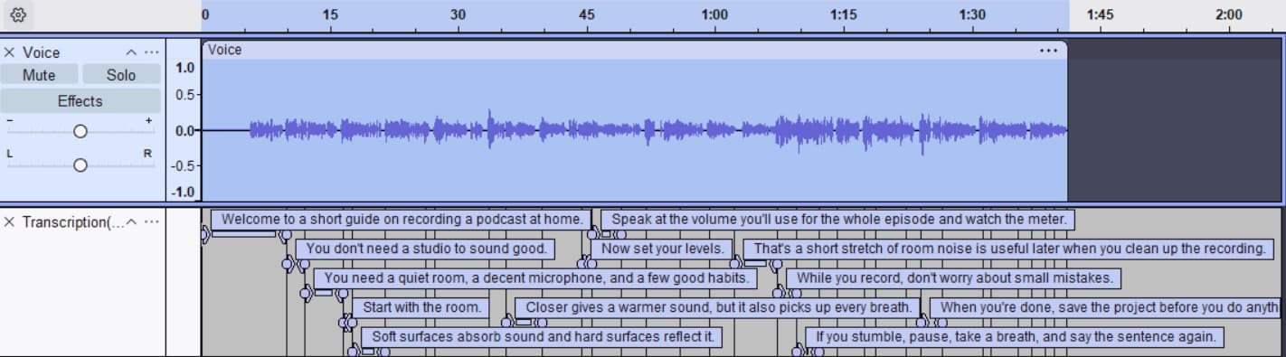 A 1:40 Voice track in Audacity 3.7.9 with a Transcription label track under it, one transcribed phrase per label