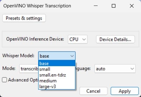 The OpenVINO Whisper Transcription dialog in Audacity 3.7.9 with the Whisper Model list open: base, small, small.en-tdrz, medium, large-v3