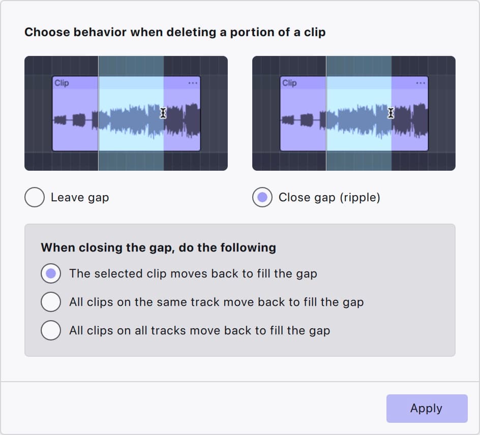 The Audacity 4 dialog Choose behavior when deleting a portion of a clip, with Leave gap, Close gap (ripple) and the ripple scope options