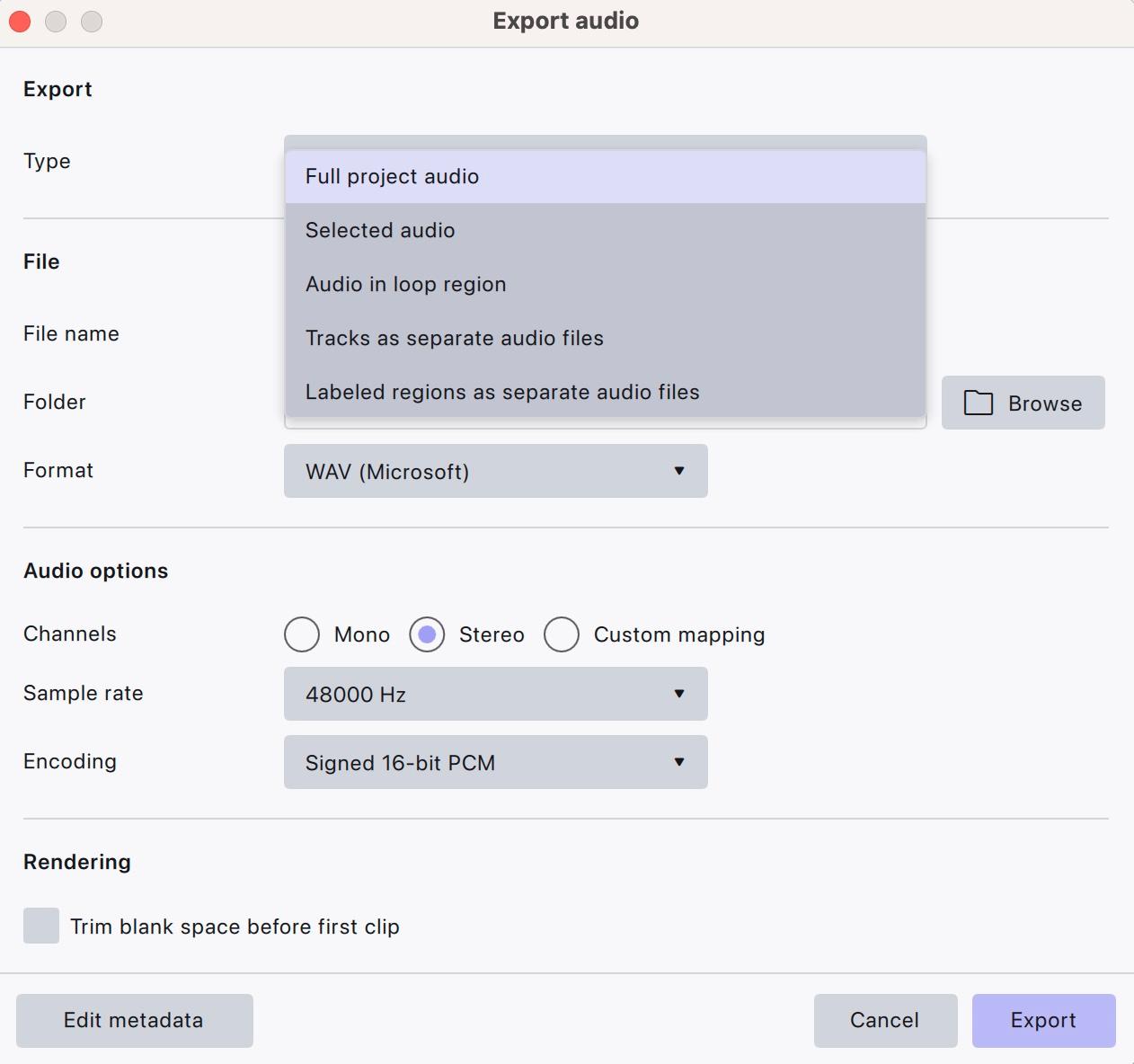The Type dropdown of the Audacity 4 Export dialog, listing Full project audio, Selected audio, Audio in loop region, Tracks as separate audio files and Labeled regions as separate audio files