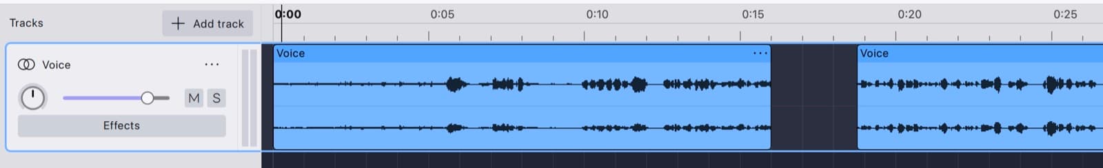 An Audacity 4 track after a delete with Leave gap, showing two clips with an empty gap between them
