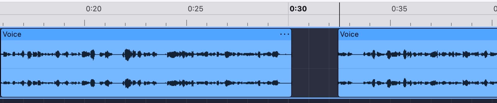 Two clips on one Audacity 4 track after a split, the right-hand clip moved to the right so a gap opens between them