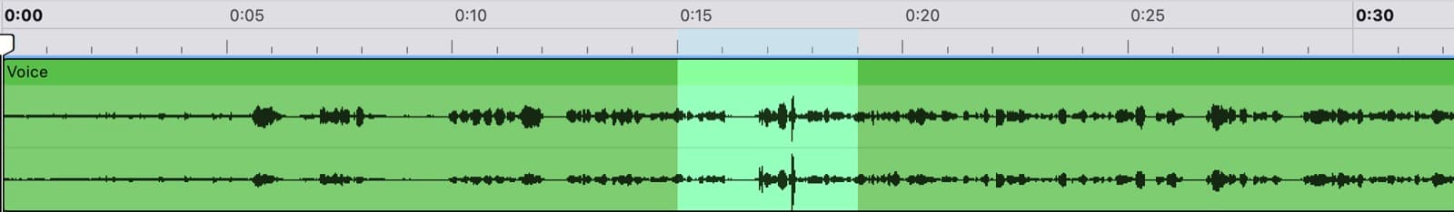 A time-range selection highlighted in the middle of a speech clip in Audacity 4, with the clip header and the timeline ruler above it