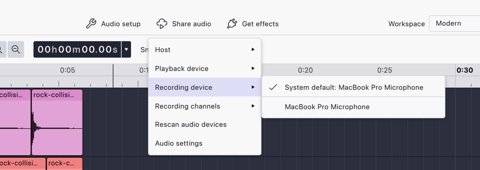 The Audio setup menu in Audacity 4 with Host, Playback device, Recording device, Recording channels, Rescan audio devices and Audio settings, and the recording device submenu showing the system default microphone