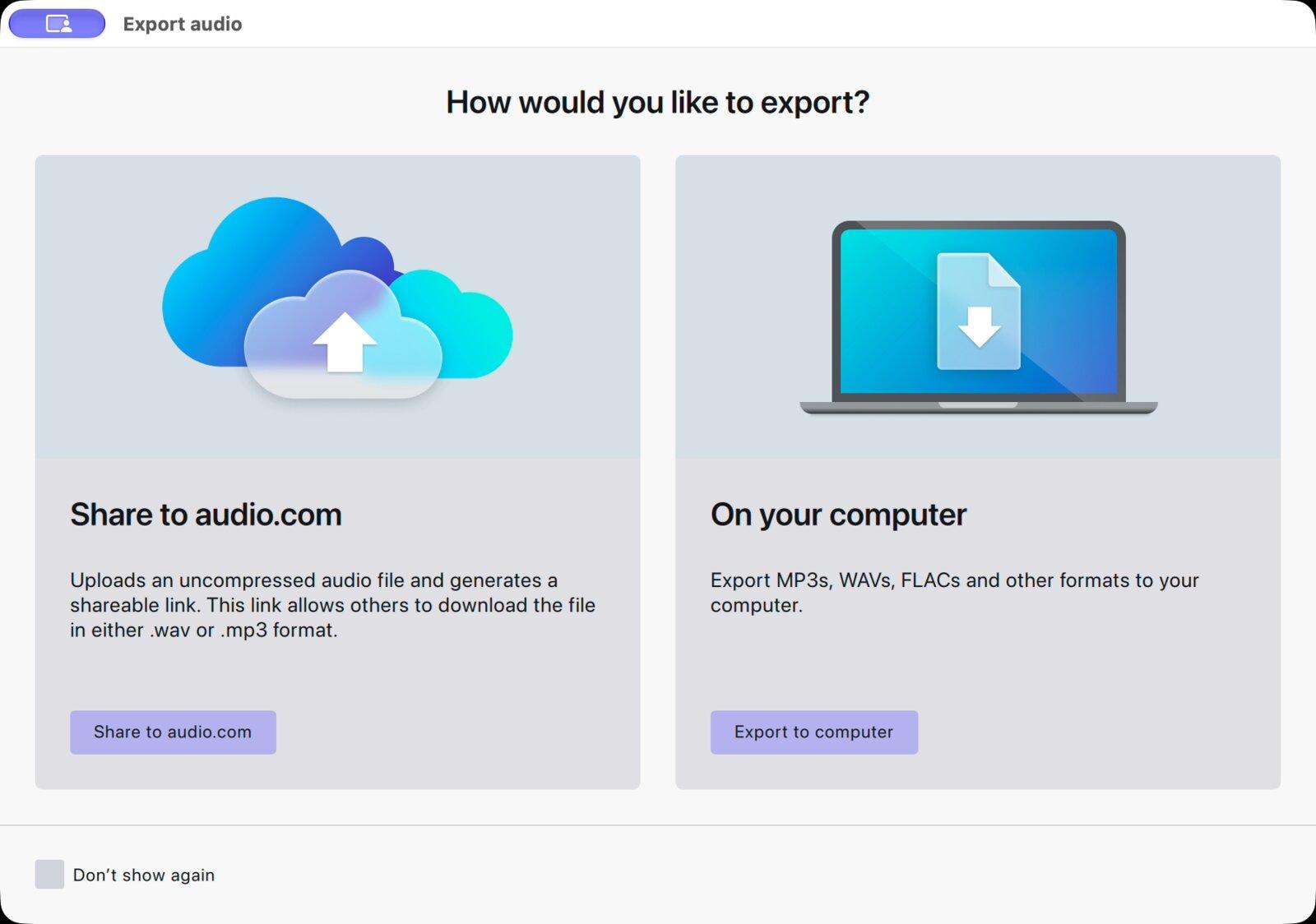 The Audacity 4 Export audio chooser with two cards, Share to audio.com and On your computer