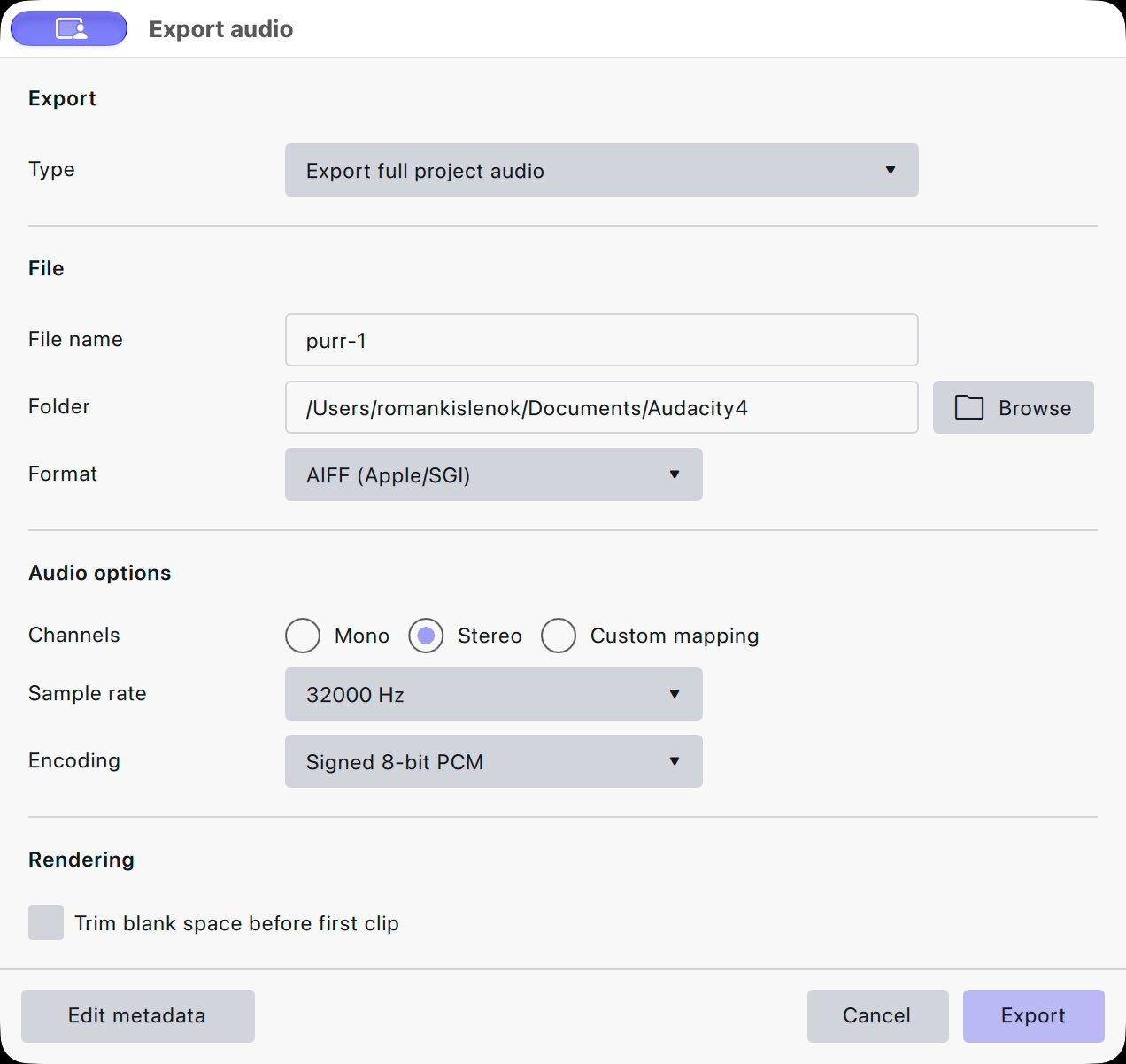 The Audacity 4 Export audio dialog with Type, File name, Folder, Format, Channels, Sample rate, Encoding, Trim blank space before first clip and Edit metadata
