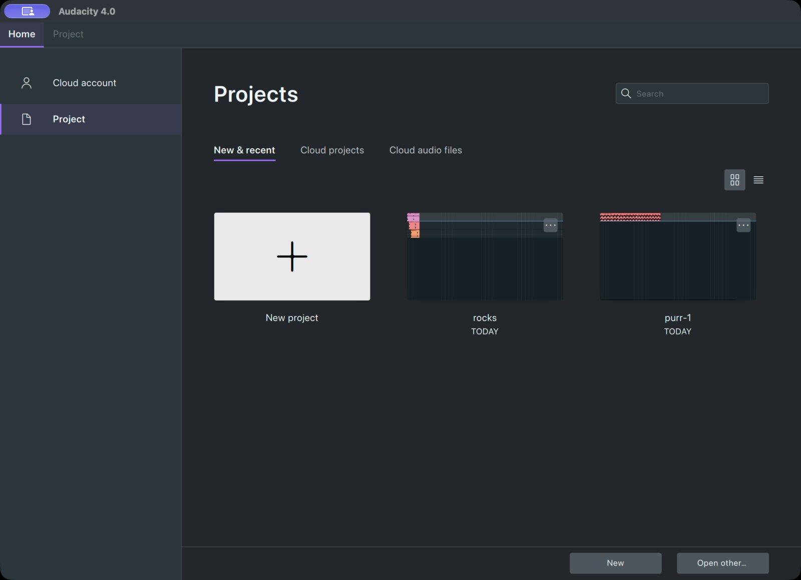 The Audacity 4 home screen headed Projects, with the New & recent, Cloud projects and Cloud audio files tabs and two recent projects