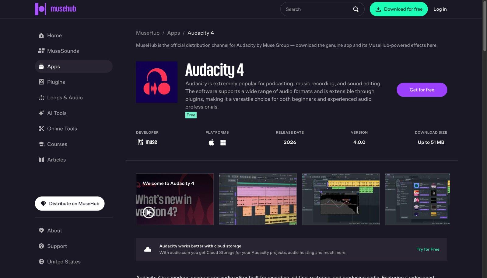 The Audacity 4 page on musehub.com with the Get for free button, the developer, platforms, version and download size