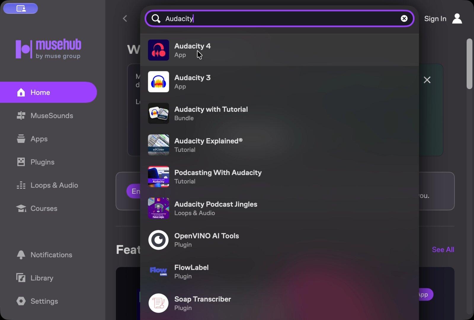 MuseHub search results for Audacity listing Audacity 4, Audacity 3, the bundle, two courses, a jingle pack and the OpenVINO plugin