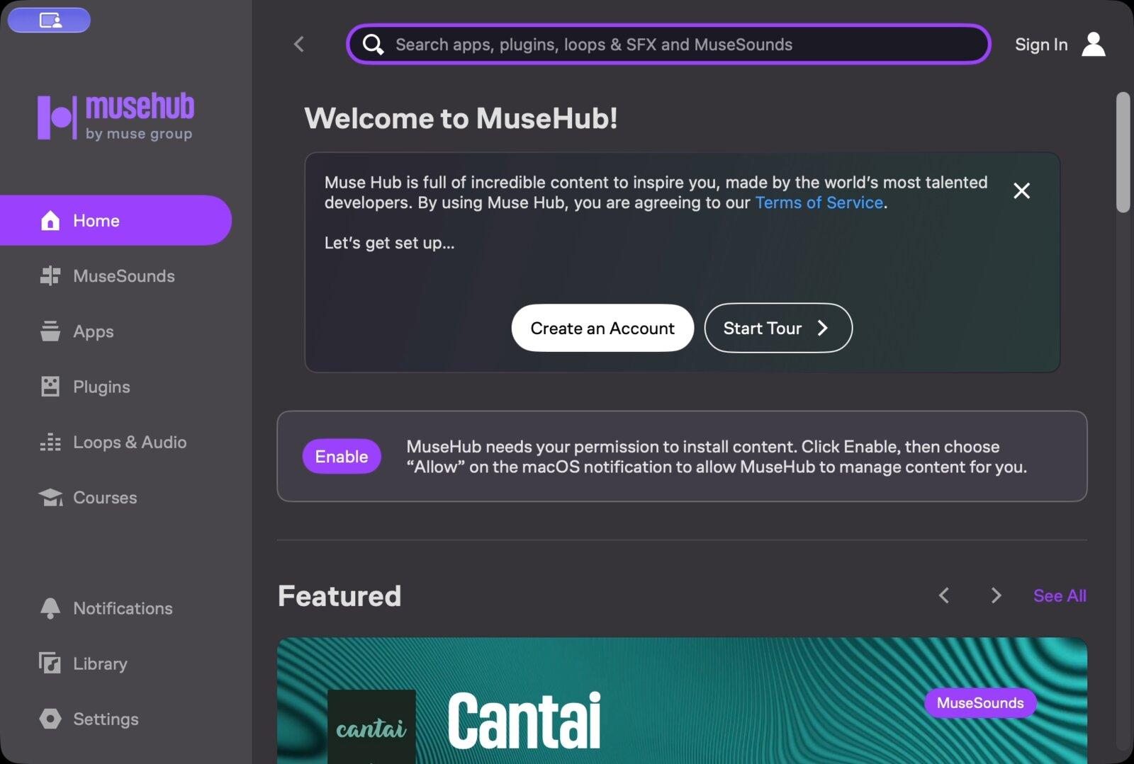 The MuseHub app on first launch with the Create an Account and Start Tour buttons and the Enable permission prompt