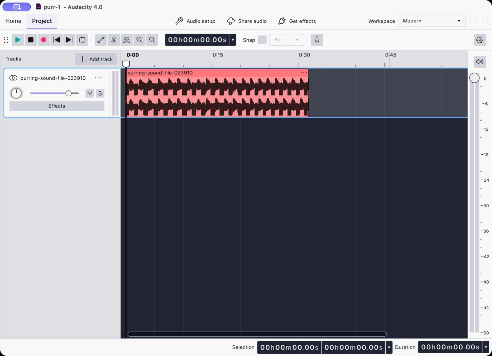 The Audacity 4 project window in the Modern workspace with one stereo track holding a purring sound clip, the top bar, toolbar and the side playback meter