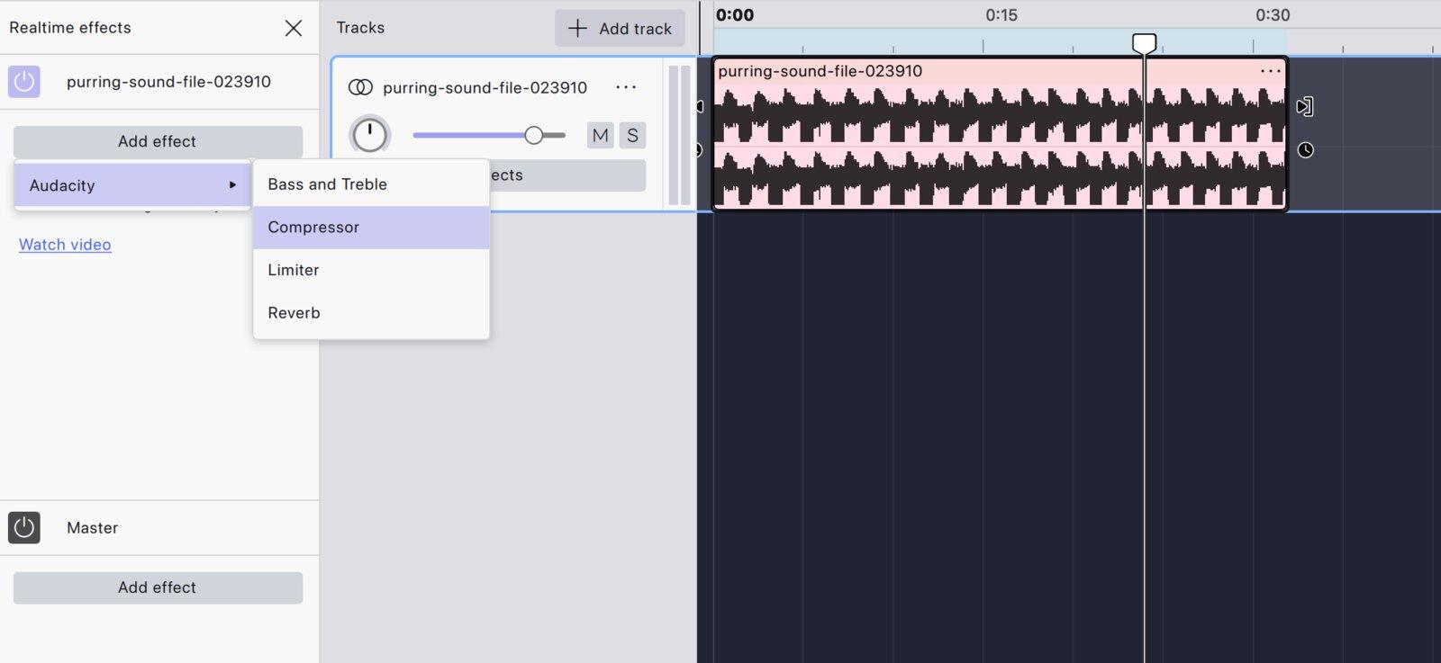 The Realtime effects panel in Audacity 4 with Add effect open on the Audacity submenu listing Bass and Treble, Compressor, Limiter and Reverb, and the Master section below