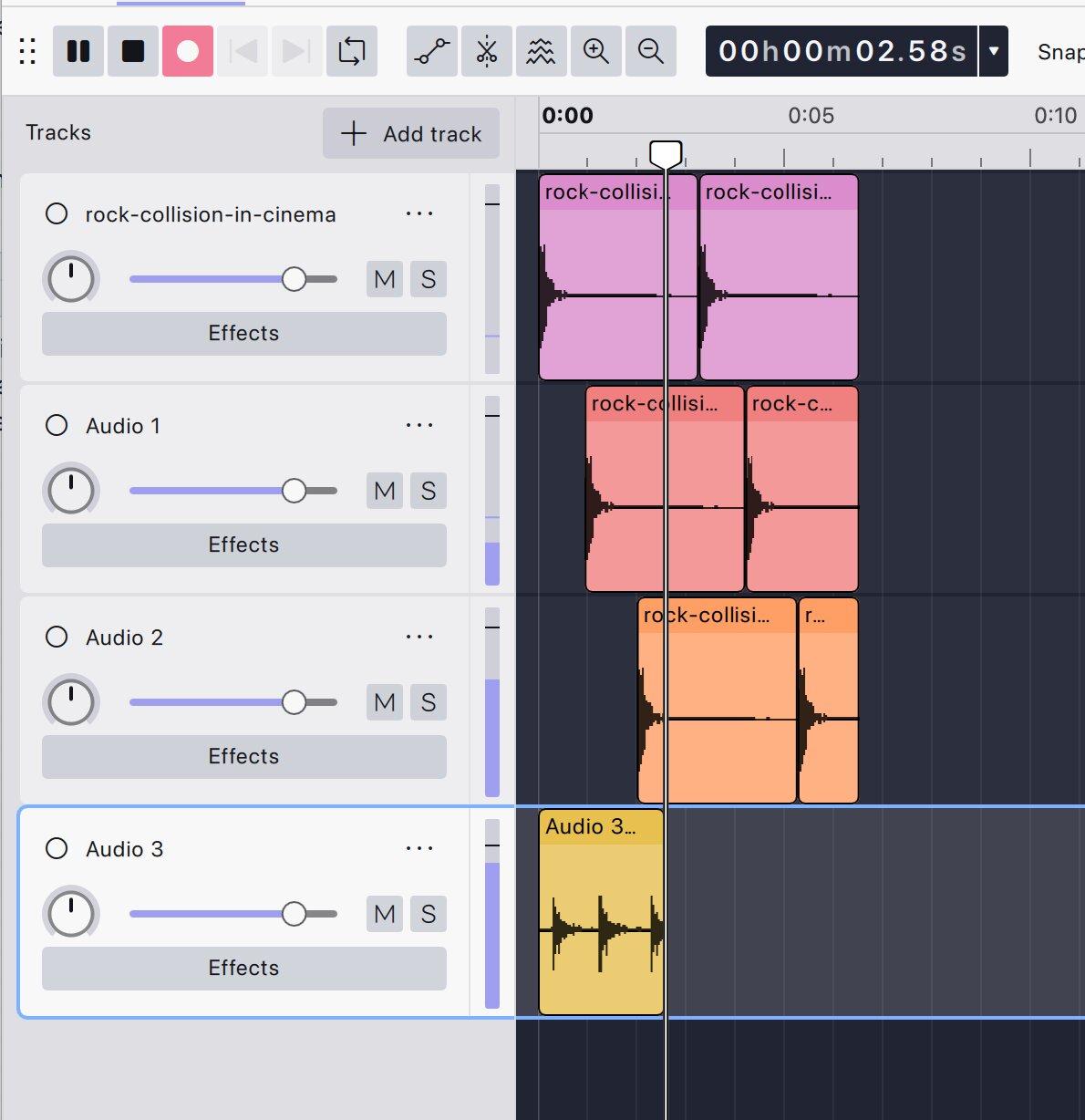 Audacity 4 recording a new track while three tracks of sound-effect clips play back; the new clip grows on the fourth track