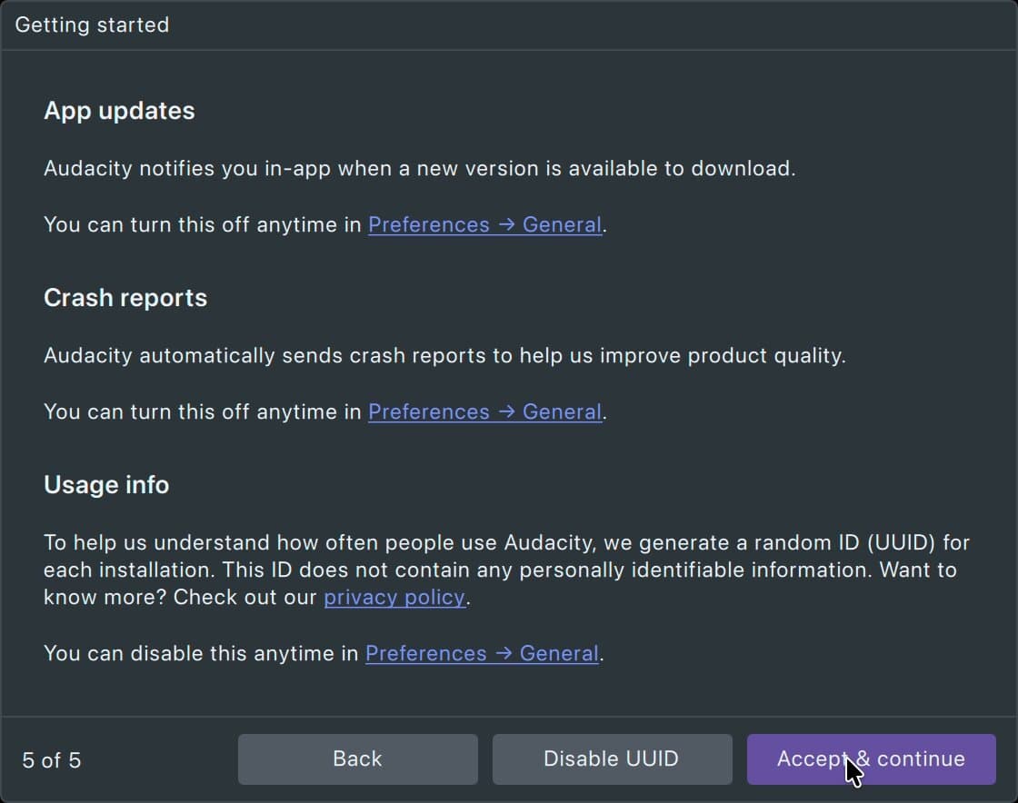 Audacity 4 Getting started page 5 of 5: App updates, Crash reports and Usage info, with Disable UUID and Accept & continue buttons