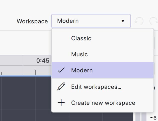 The Workspace selector in Audacity 4 open, listing Classic, Music, Modern, Edit workspaces and Create new workspace