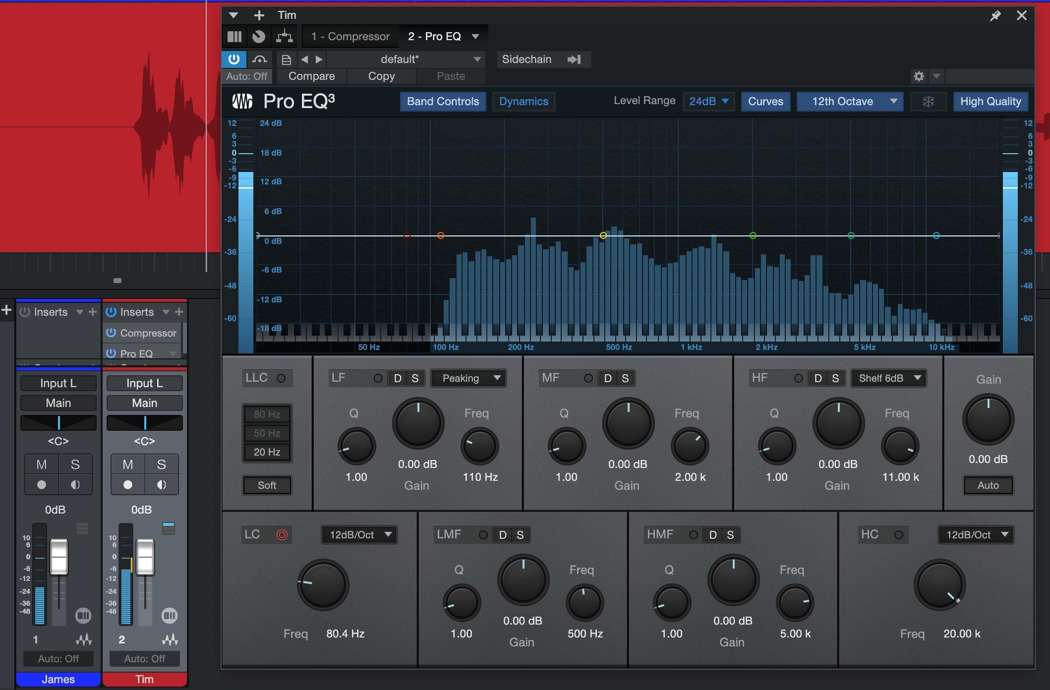 An EQ on a voice track shows frequencies contained in the track, from left (lower) to right (higher)