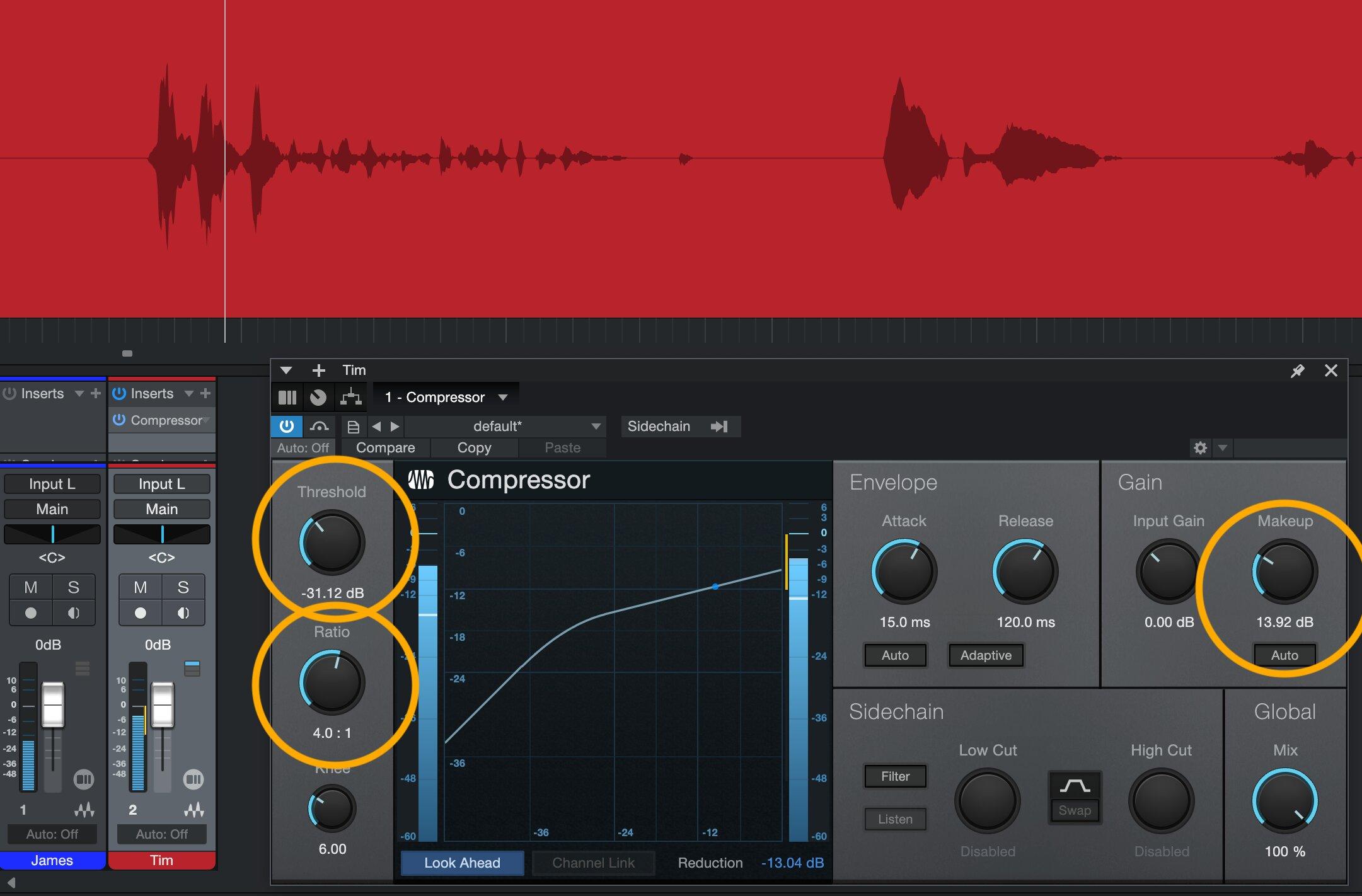 A finished compression setup, as dialled in below, operating to reduce the dynamic range of one voice channel